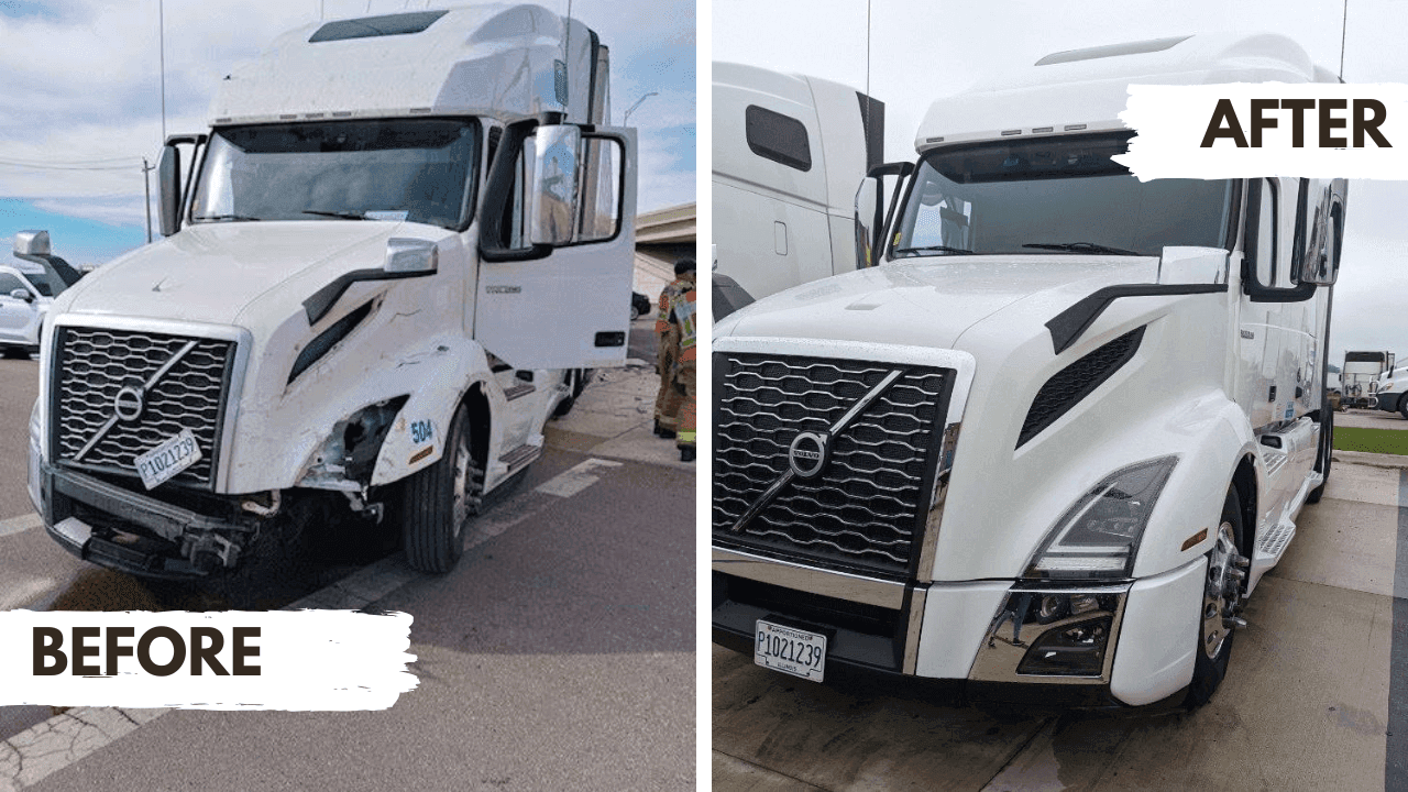 Before and after pictures of truck body repair in East Dundee, showcasing the successful restoration of a collision-damaged truck to its original state