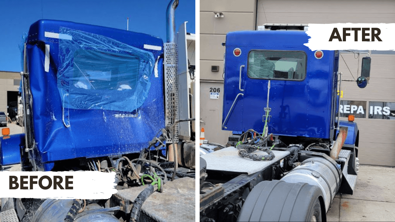 Truck body repair pictures before and after, showing the quality of body work and painting done on a semi truck at our East Dundee body shop