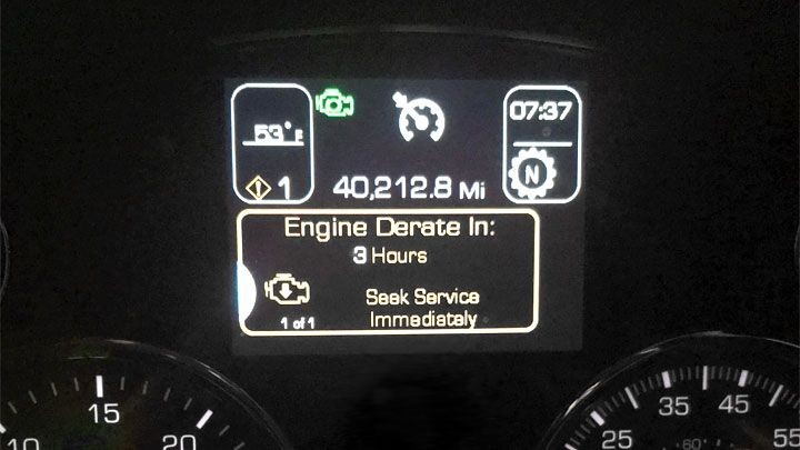 Engine in derate mode at our Woodstock shop, being diagnosed and repaired by our expert mechanics to restore full performance and prevent further issues.
